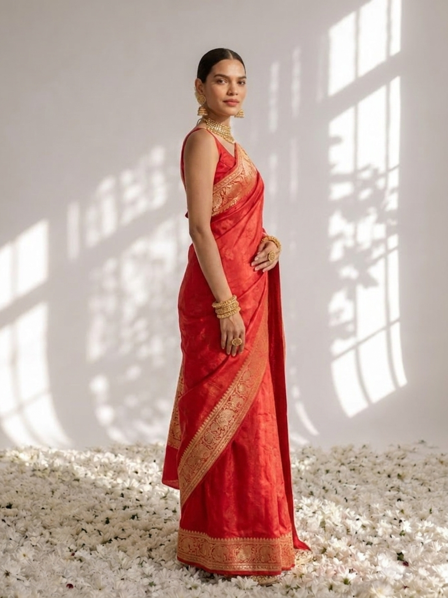 Dhiyona ST Dola Red Border Silk saree with Zari Border and Blouse Fabric