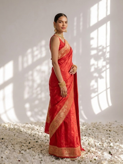 Dhiyona ST Dola Red Border Silk saree with Zari Border and Blouse Fabric