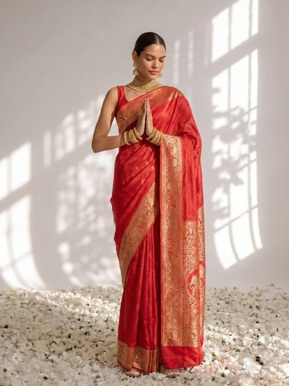 Dhiyona ST Dola Red Border Silk saree with Zari Border and Blouse Fabric