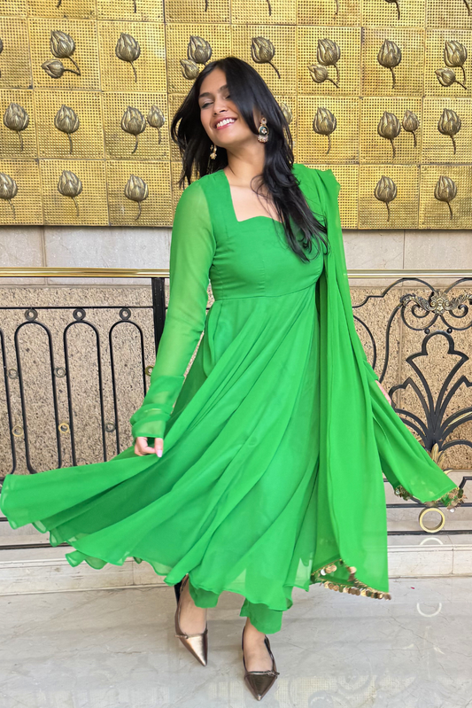 Dhiyona ST 3 pc Suit Set -Chartreuse Georgette Anarkali Long Sleeve Suit with Pants and Dupatta