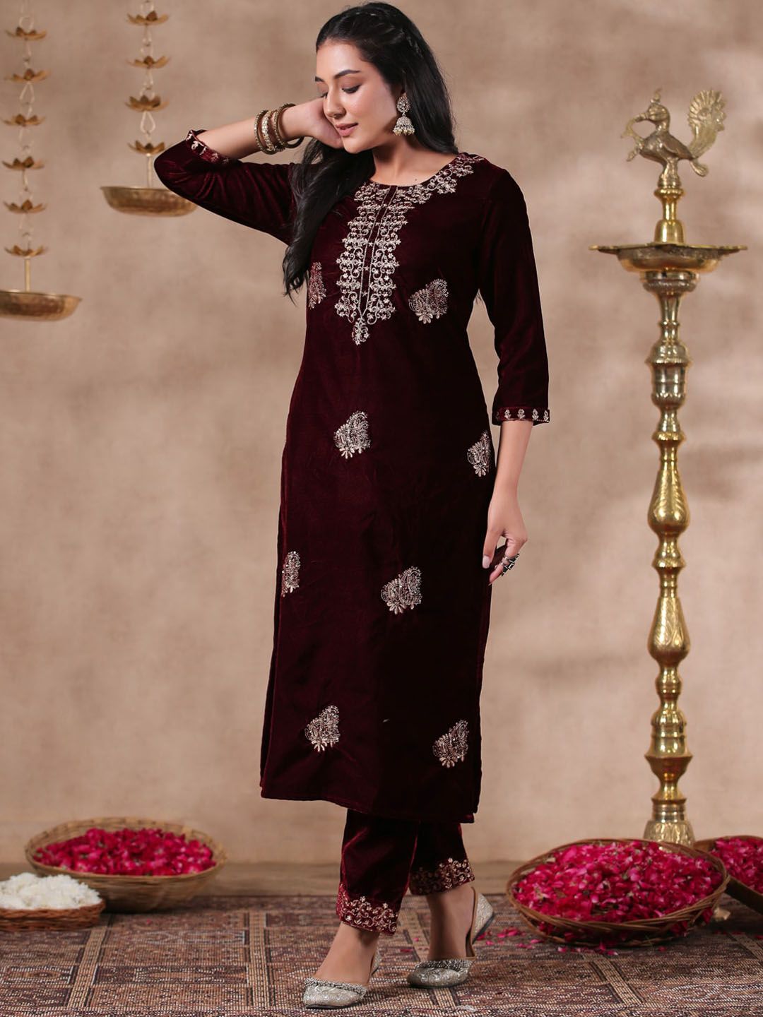 Dhiyona IS Women's Maroon Ethnic Motifs Embroidered Thread Work Velvet Kurta With Trousers