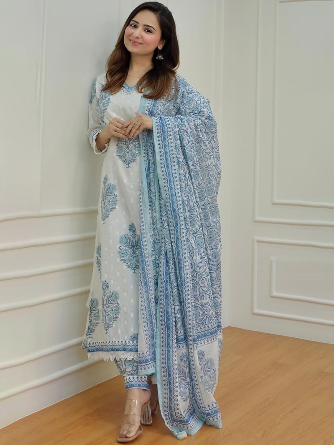 Dhiyona KL Floral Printed Regular Mirror Work Pure Cotton Straight Kurta With Salwar & Dupatta