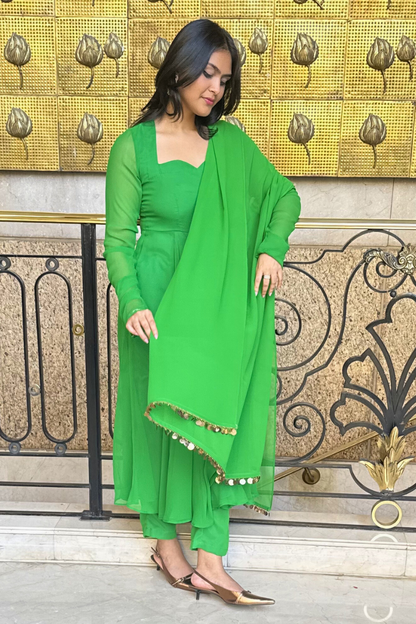 Dhiyona ST 3 pc Suit Set -Chartreuse Georgette Anarkali Long Sleeve Suit with Pants and Dupatta