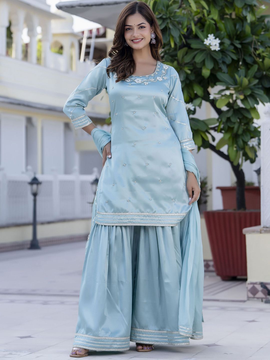 Dhiyona AN Blue Floral Embroidered Round Neck Straight Kurti With Sharara And Dupatta