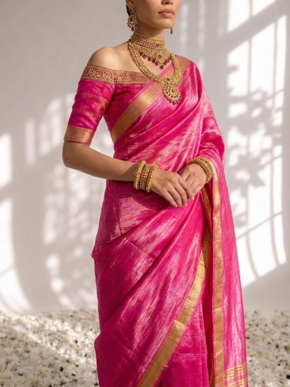 Dhiyona ST Gajji Pink Silk Saree with Zari Pallu with Blouse Fabric