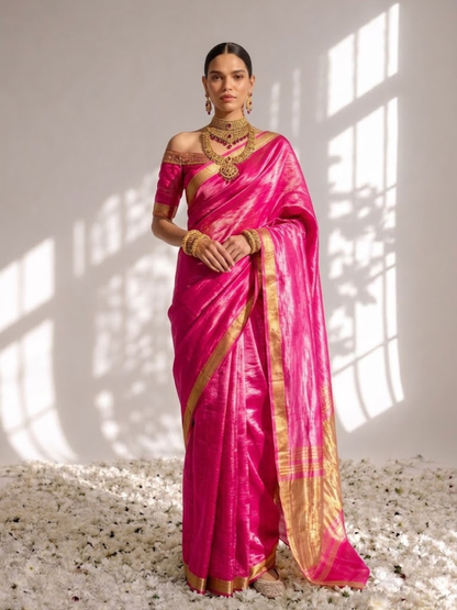Dhiyona ST Gajji Pink Silk Saree with Zari Pallu with Blouse Fabric