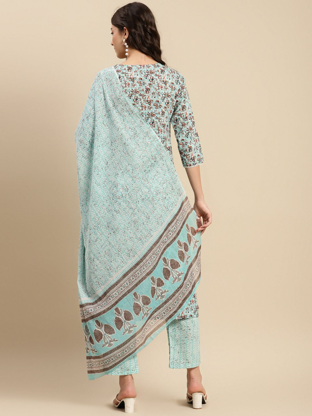 Sea Green & Brown Floral Printed Pure-Cotton Straight Kurta With Trouser & Dupatta