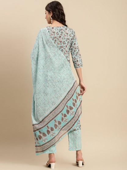 Sea Green & Brown Floral Printed Pure-Cotton Straight Kurta With Trouser & Dupatta