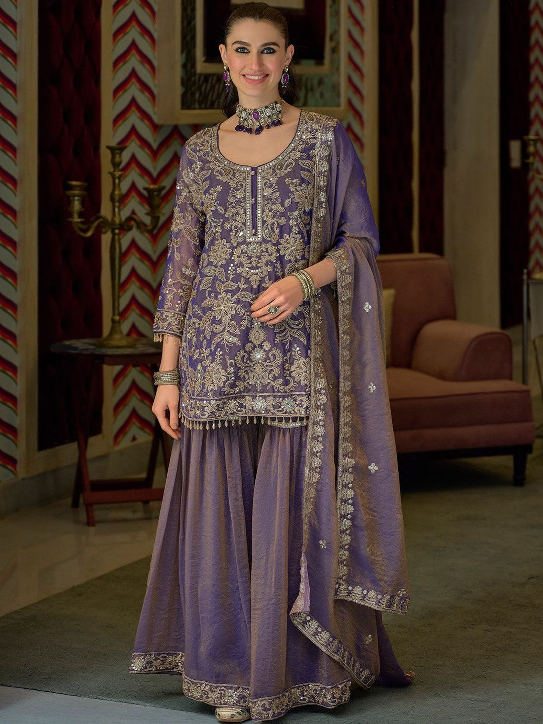 Women Ethnic Motifs Embroidered Regular Thread Work Kurta with Sharara & With Dupatta