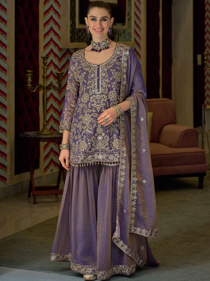 Women Ethnic Motifs Embroidered Regular Thread Work Kurta with Sharara & With Dupatta
