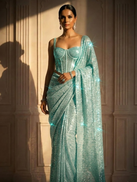 Dhiyona ST Havana Dreams Blue Knitted Sequin Saree with Blouse Fabric