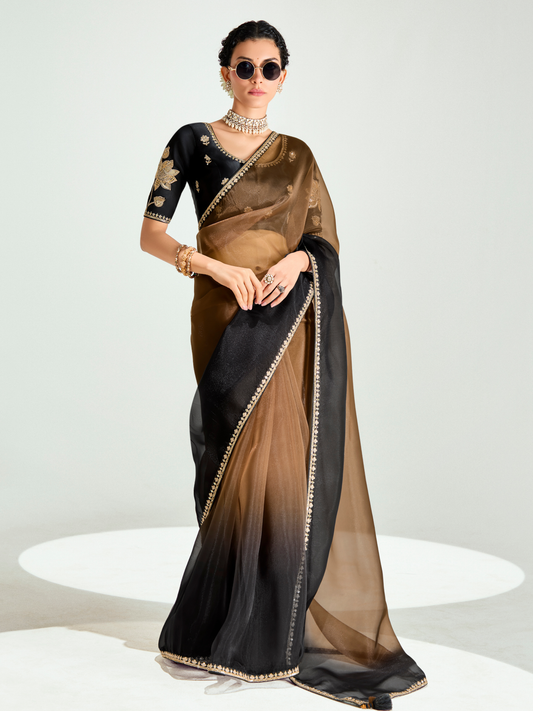 Dhiyona KM Women Black & Brown Shade Organza Saree