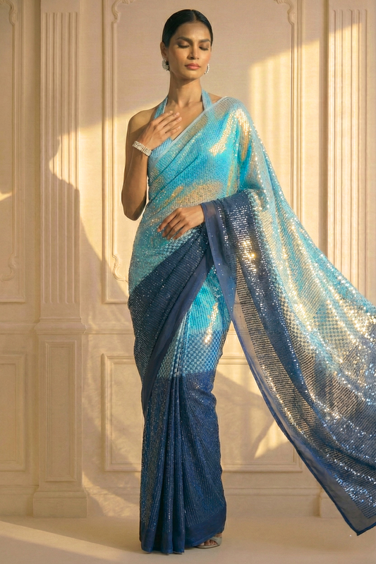 Dhiyona ST Allure Blue Ombre' Knitted Sequin Saree with Blouse Fabric