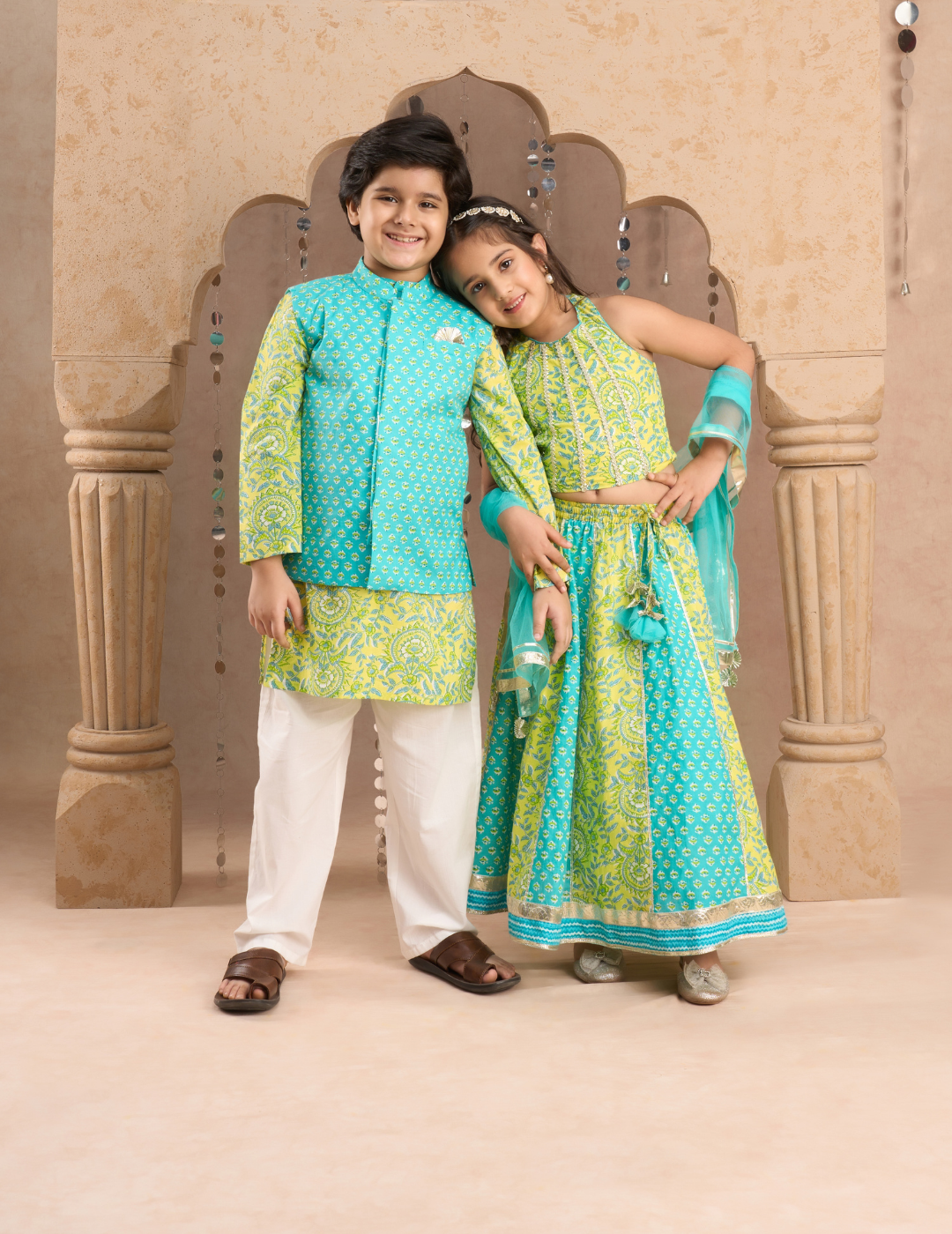 Jaipur Boys Green Kurta and Pyjama with Jacket Ethnic Set