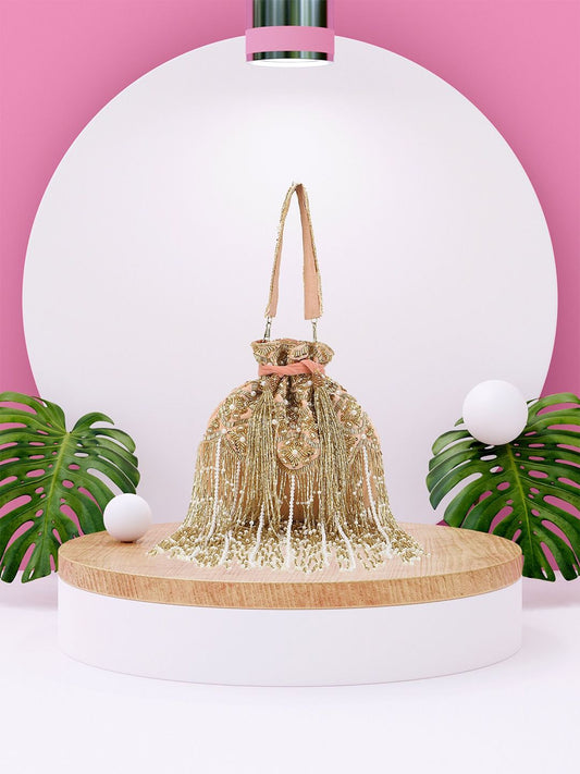 Dhiyona NR Peach-Coloured & Gold-Toned Embellished Tasselled Potli Clutch