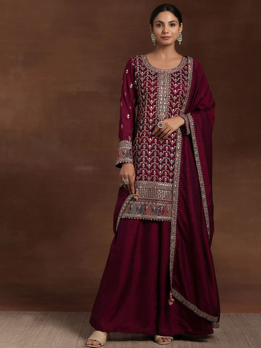 Dhiyona LL Ethnic Motifs Embroidered Sequinned Straight Kurta With Palazzos & Dupatta