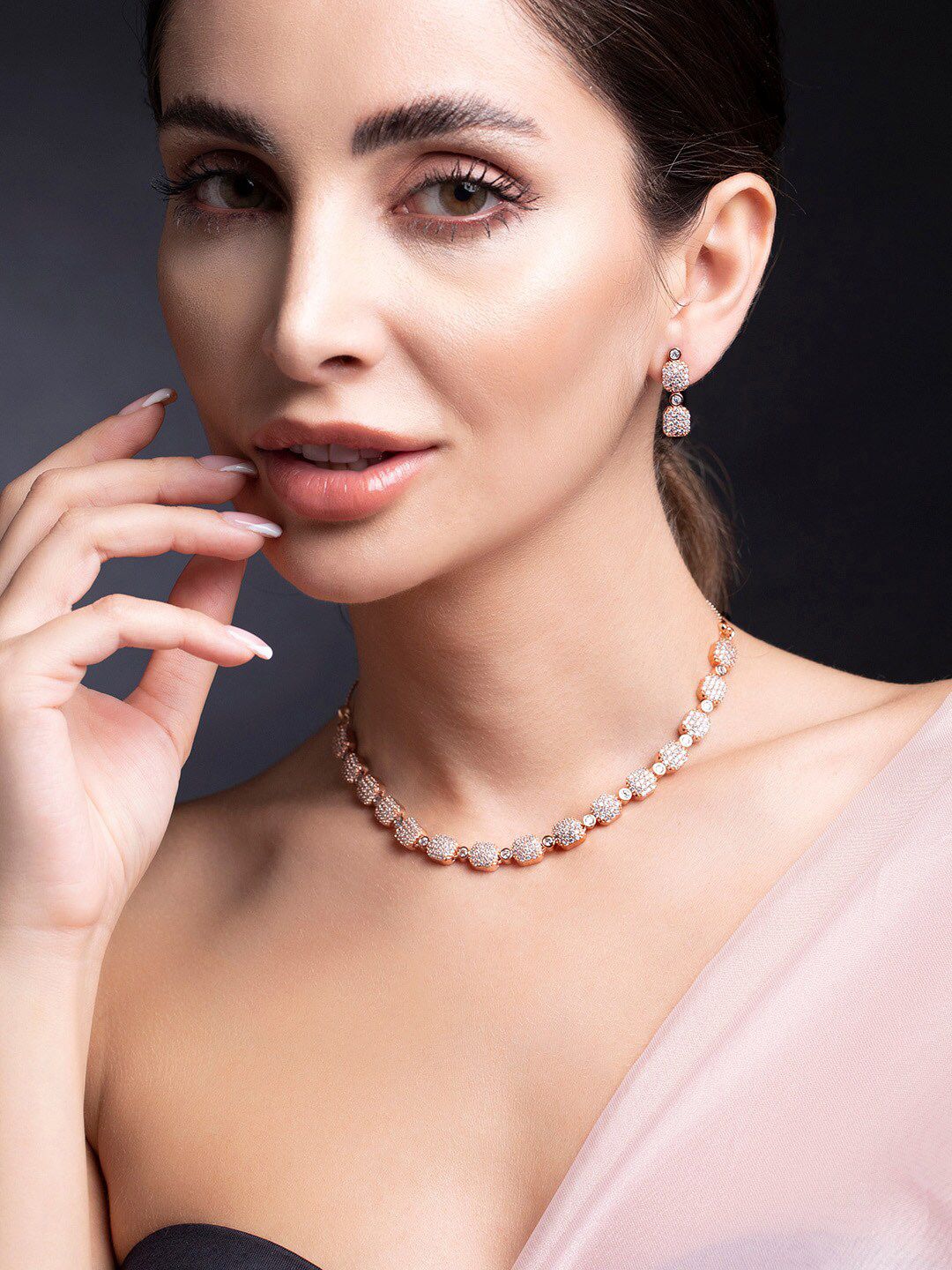 Dhiyona RJ Women's 22K Rose Gold Plated Pave AAA Cubic Zirconia Beaded Premiun Necklace Set