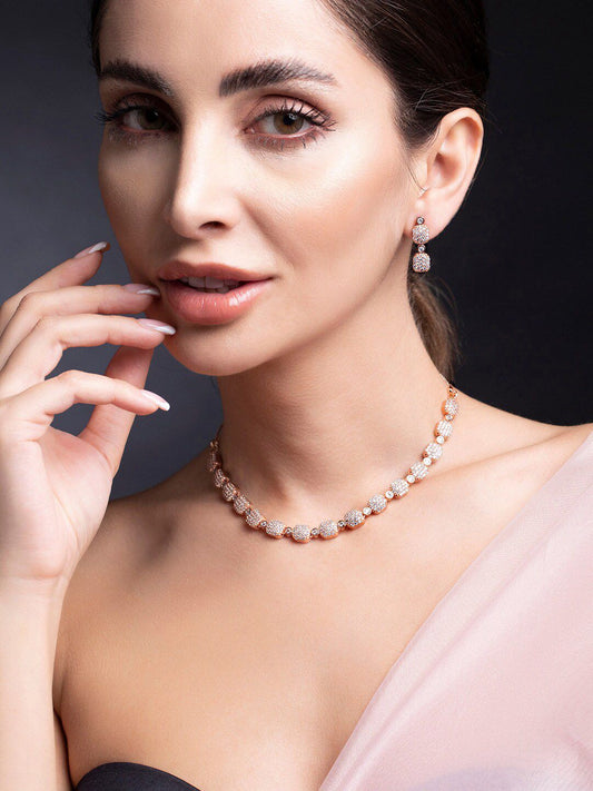 Dhiyona RJ Women's 22K Rose Gold Plated Pave AAA Cubic Zirconia Beaded Premiun Necklace Set