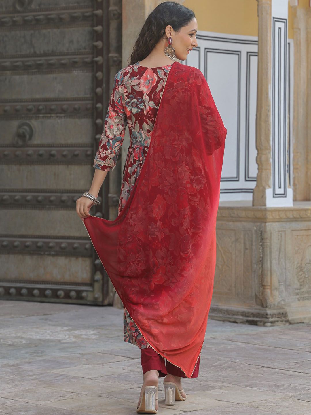 Dhiyona RR Women's Floral Printed V-Neck Gotta Patti A-Line Kurta & Trousers With Dupatta