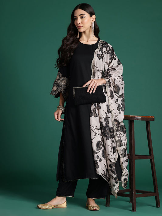Floral Embroidered Kurta with Trousers & With Dupatta