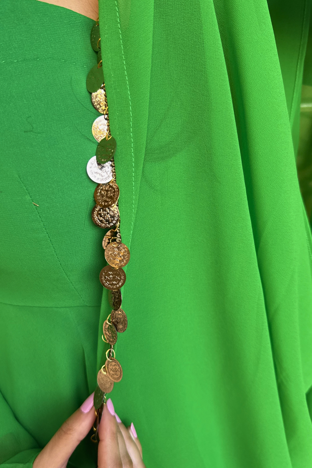 Dhiyona ST 3 pc Suit Set -Chartreuse Georgette Anarkali Long Sleeve Suit with Pants and Dupatta