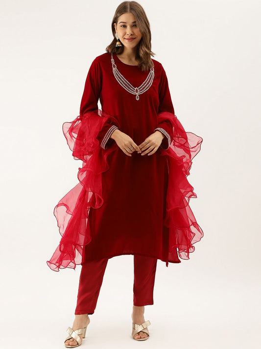 Dhiyona KL Ethnic Motifs Yoke Design Regular Beads and Stones Kurta With Trousers & Dupatta