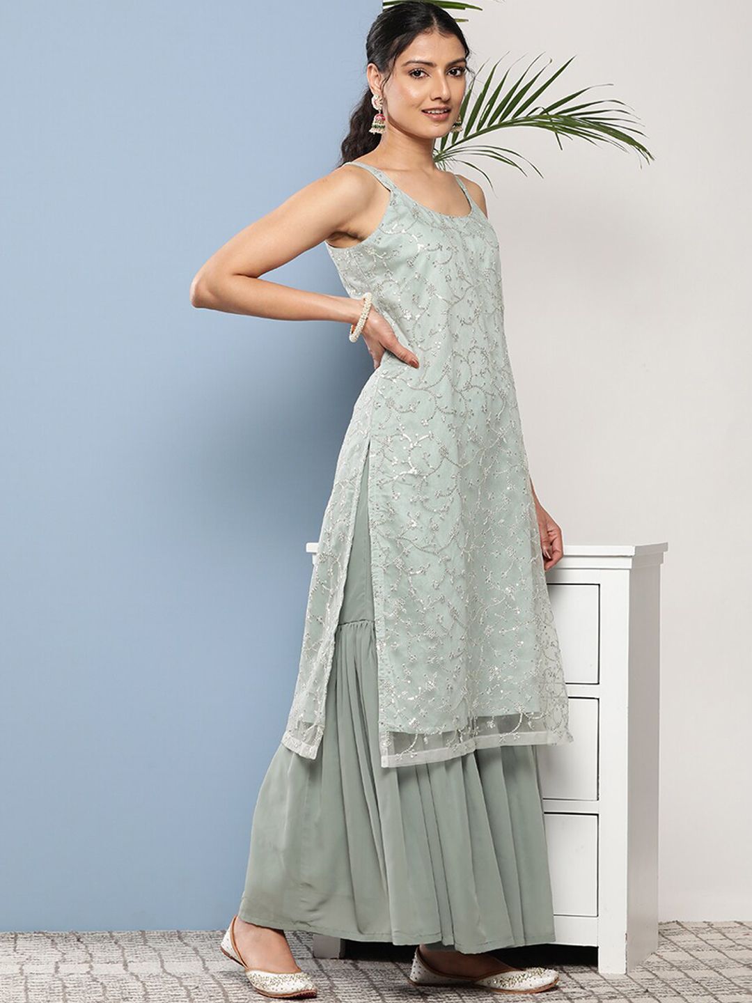 Dhiyona KL Floral Embroidered Regular Sequinned Shoulder Straps Kurta with Sharara & Dupatta