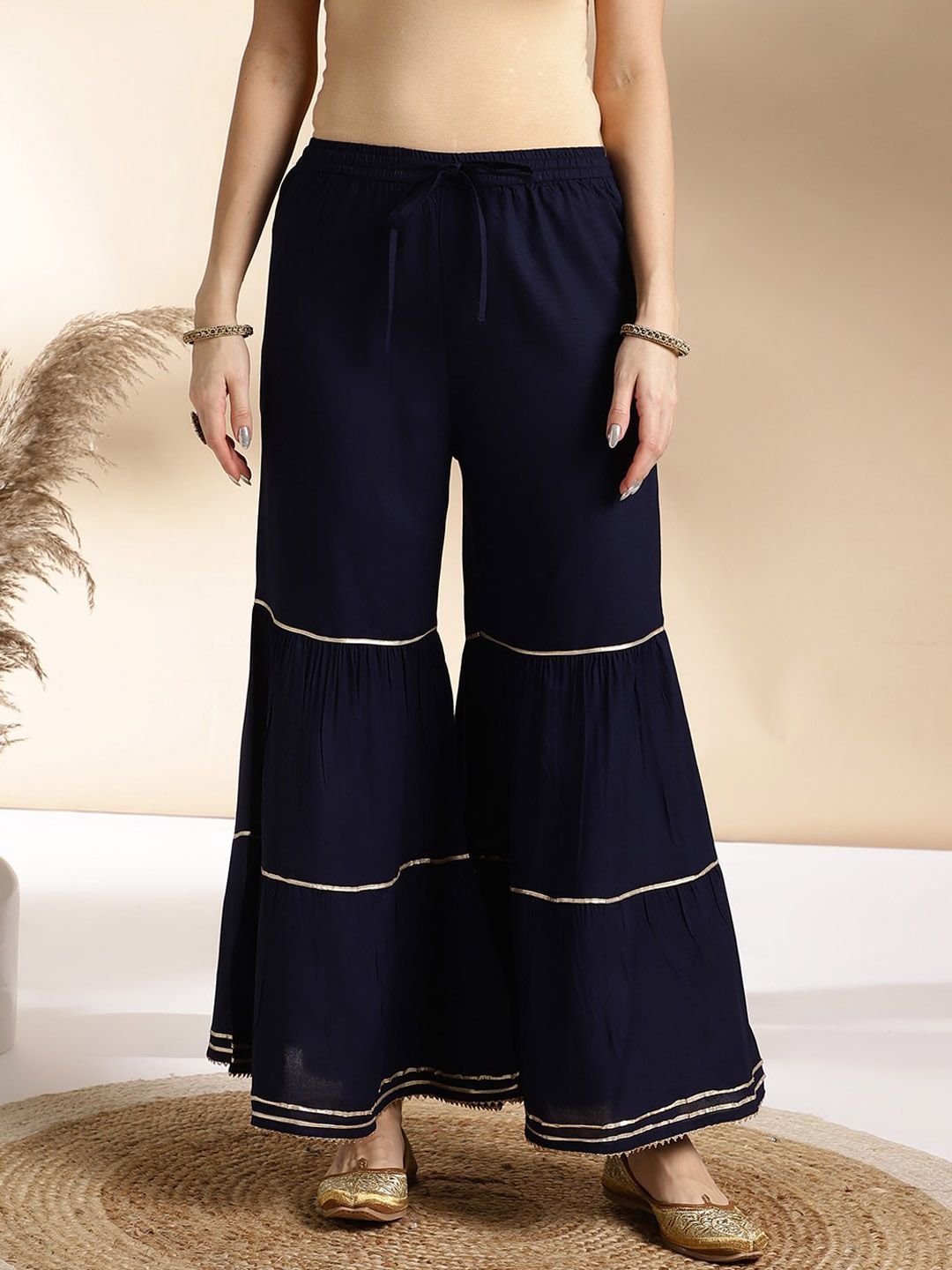 Dhiyona AN Blue Ethnic Motifs Embroidered Round Neck Straight Kurti With Sharara & Dupatta