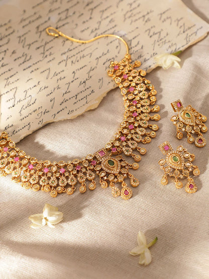 Dhiyona RJ Women's 22K Gold-Plated Brass Emerald Ruby Pink Kundan & CZ Stone Traditional Necklace Set