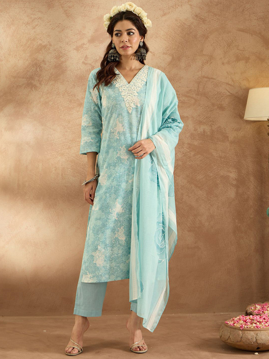 Women Floral Embroidered Pure Cotton Kurta with Trousers & Dupatta