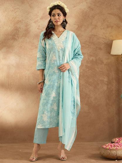 Women Floral Embroidered Pure Cotton Kurta with Trousers & Dupatta