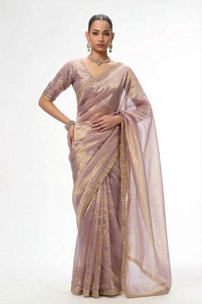 Dhiyona ST With Ready Blouse - Grey Lilac Magic Metallic Saree with Lace and Grey Jacqard Blouse
