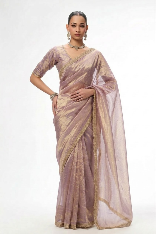 Dhiyona ST With Ready Blouse - Grey Lilac Magic Metallic Saree with Lace and Grey Jacqard Blouse
