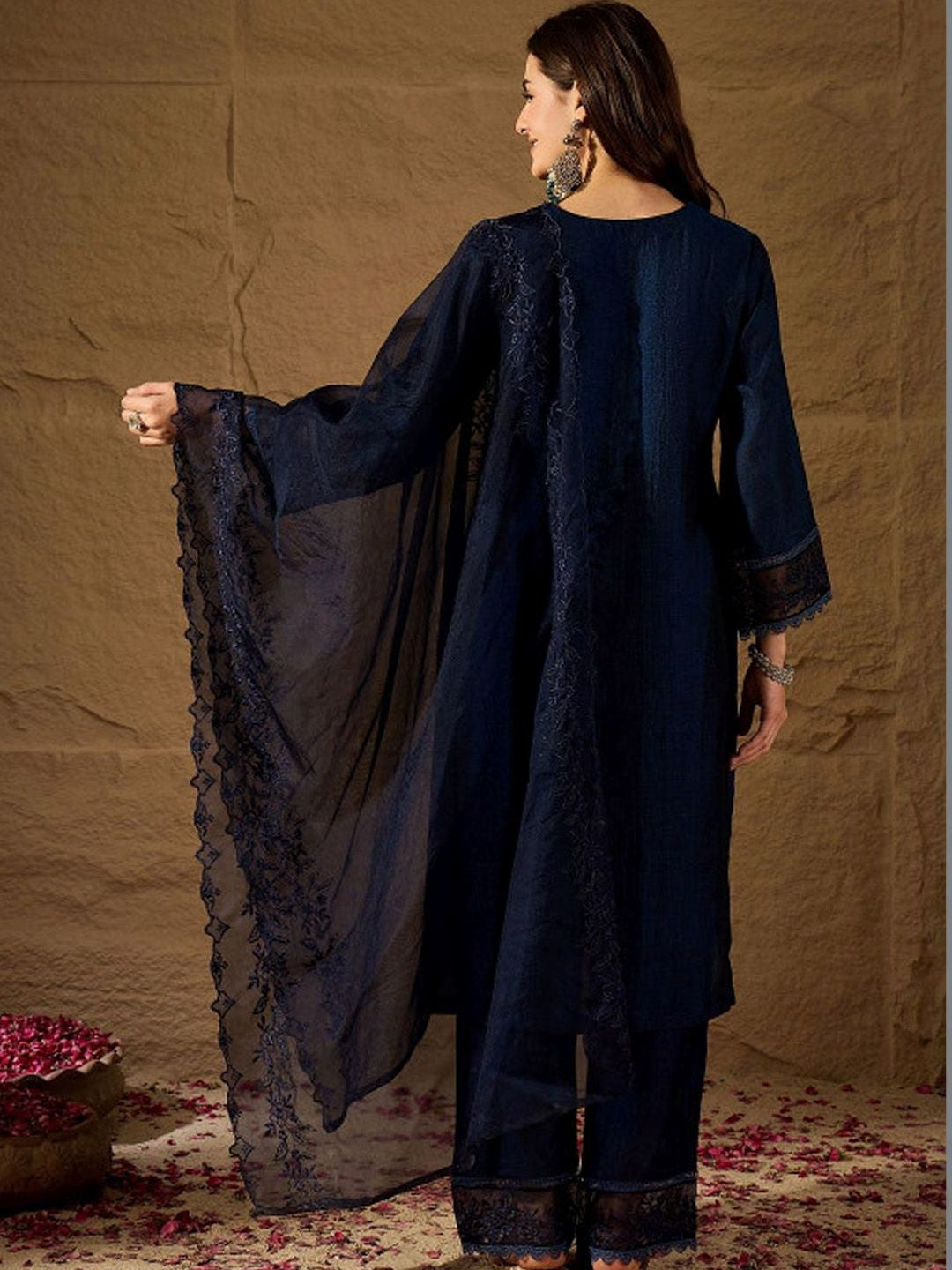 Women Ethnic Motifs Regular Thread Work Chanderi Silk Kurta with Palazzos & With Dupatta