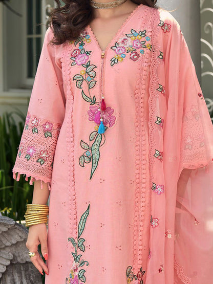 Women Floral Embroidered Regular Sequinned Pure Cotton Kurta with Trousers & With Dupatta