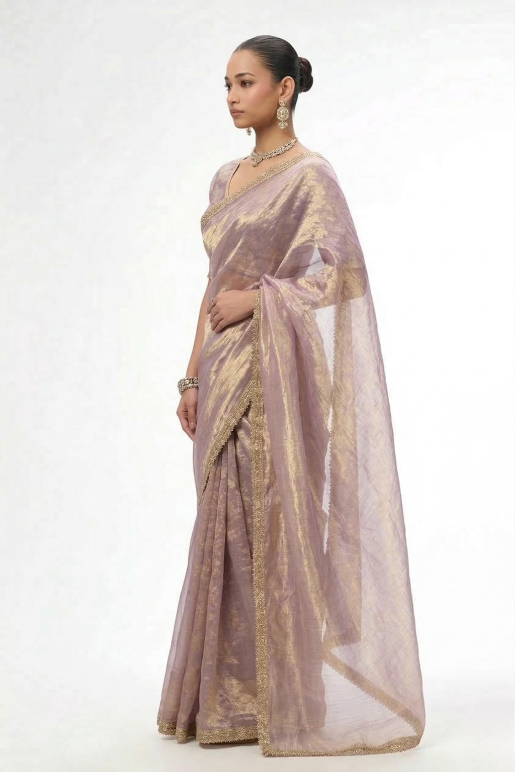 Dhiyona ST With Ready Blouse - Grey Lilac Magic Metallic Saree with Lace and Grey Jacqard Blouse