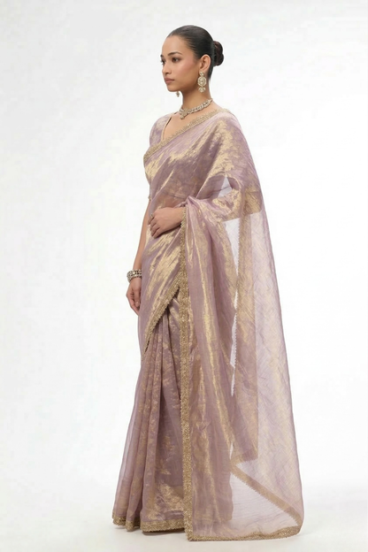 Dhiyona ST With Ready Blouse - Grey Lilac Magic Metallic Saree with Lace and Grey Jacqard Blouse