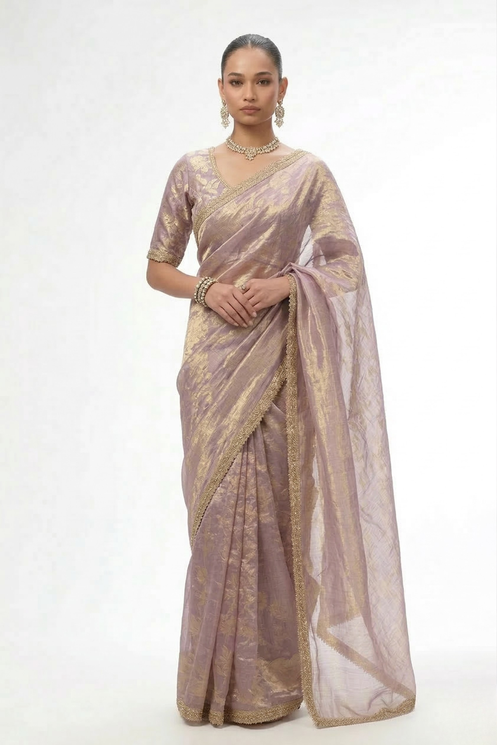 Dhiyona ST With Ready Blouse - Grey Lilac Magic Metallic Saree with Lace and Grey Jacqard Blouse