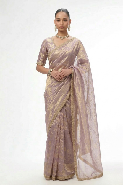 Dhiyona ST With Ready Blouse - Grey Lilac Magic Metallic Saree with Lace and Grey Jacqard Blouse