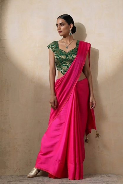 Dhiyona ST With Stitched Blouse - Green Brocade Blouse with Fuchsia Pink Dual Tone  Satin Saree (Blouse has sleeve attached)