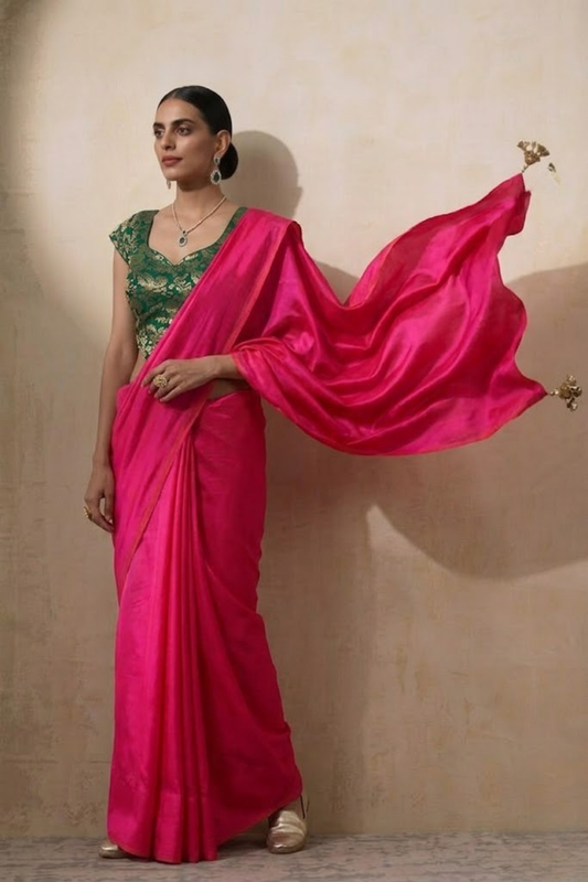 Dhiyona ST With Stitched Blouse - Green Brocade Blouse with Fuchsia Pink Dual Tone  Satin Saree (Blouse has sleeve attached)