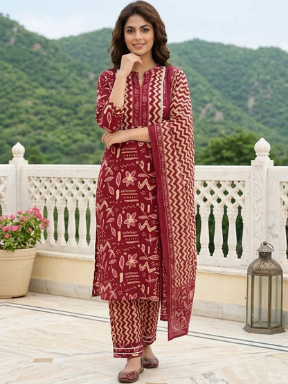 Women Ethnic Motifs Printed Regular Pure Cotton Kurta with Trousers & With Dupatta