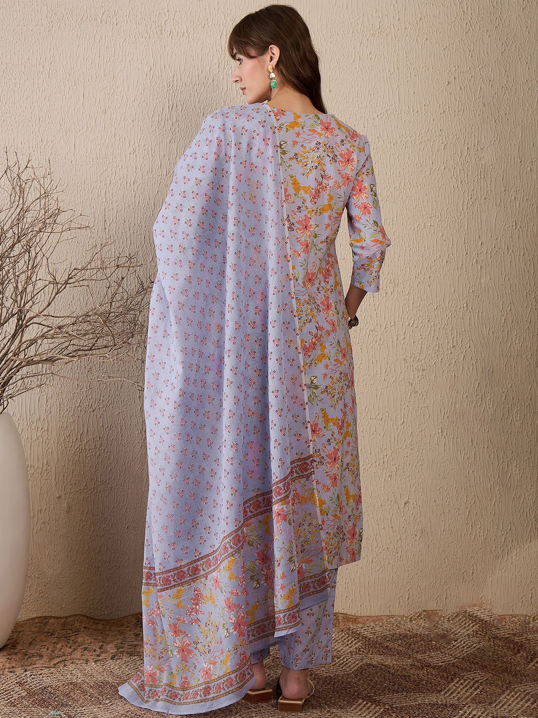 Dhiyona IE Women Floral Printed Regular Thread Work Pure Cotton Kurta with Salwar & With Dupatta