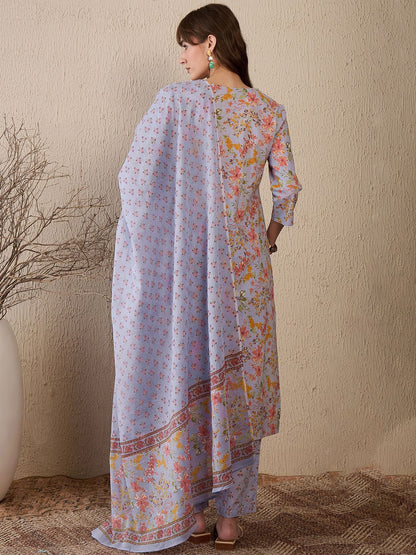 Dhiyona IE Women Floral Printed Regular Thread Work Pure Cotton Kurta with Salwar & With Dupatta
