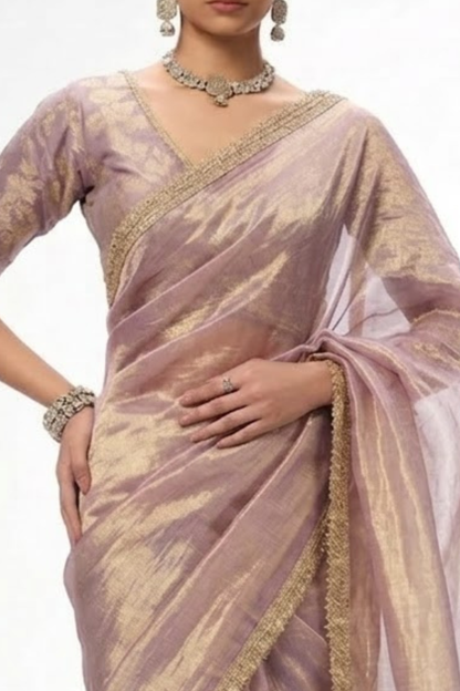 Dhiyona ST With Ready Blouse - Grey Lilac Magic Metallic Saree with Lace and Grey Jacqard Blouse