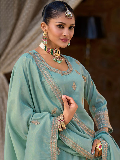 Dhiyona IE Women Ethnic Motifs Embroidered Regular Sequinned Kurta & Trousers & Dupatta