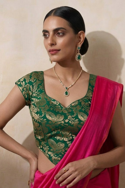 Dhiyona ST With Stitched Blouse - Green Brocade Blouse with Fuchsia Pink Dual Tone  Satin Saree (Blouse has sleeve attached)