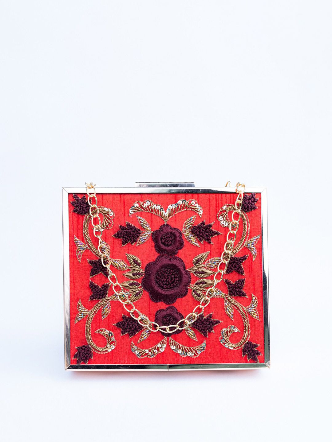 Dhiyona NR Red & Purple Embroidered Box Clutch