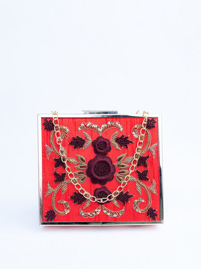 Dhiyona NR Red & Purple Embroidered Box Clutch