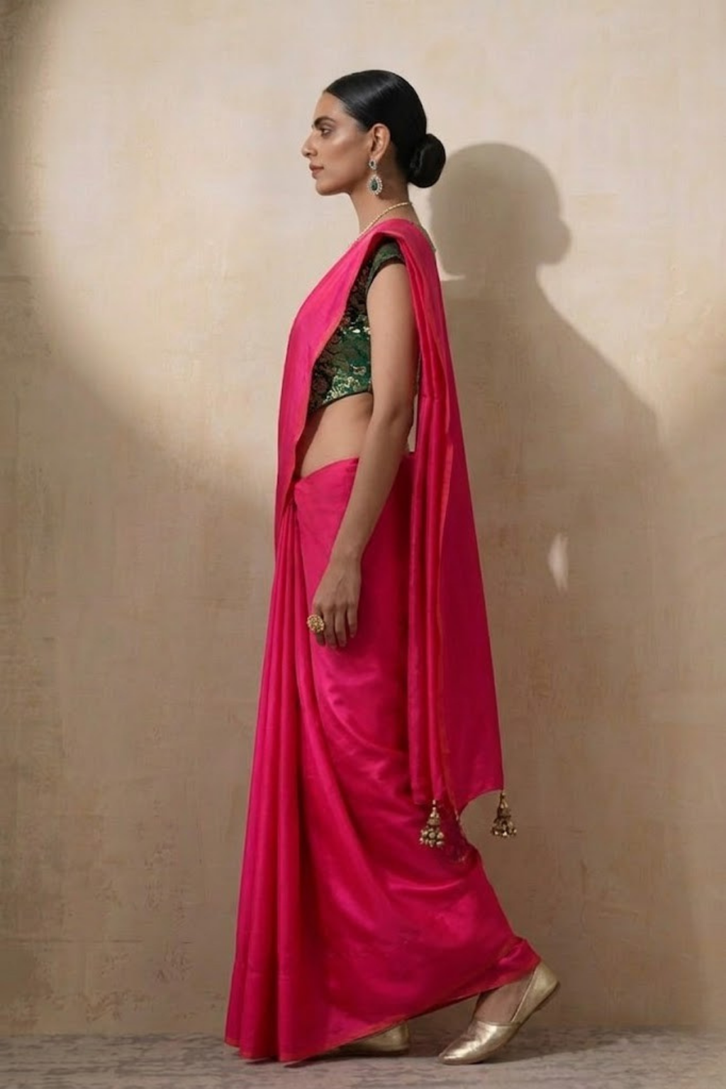 Dhiyona ST With Stitched Blouse - Green Brocade Blouse with Fuchsia Pink Dual Tone  Satin Saree (Blouse has sleeve attached)